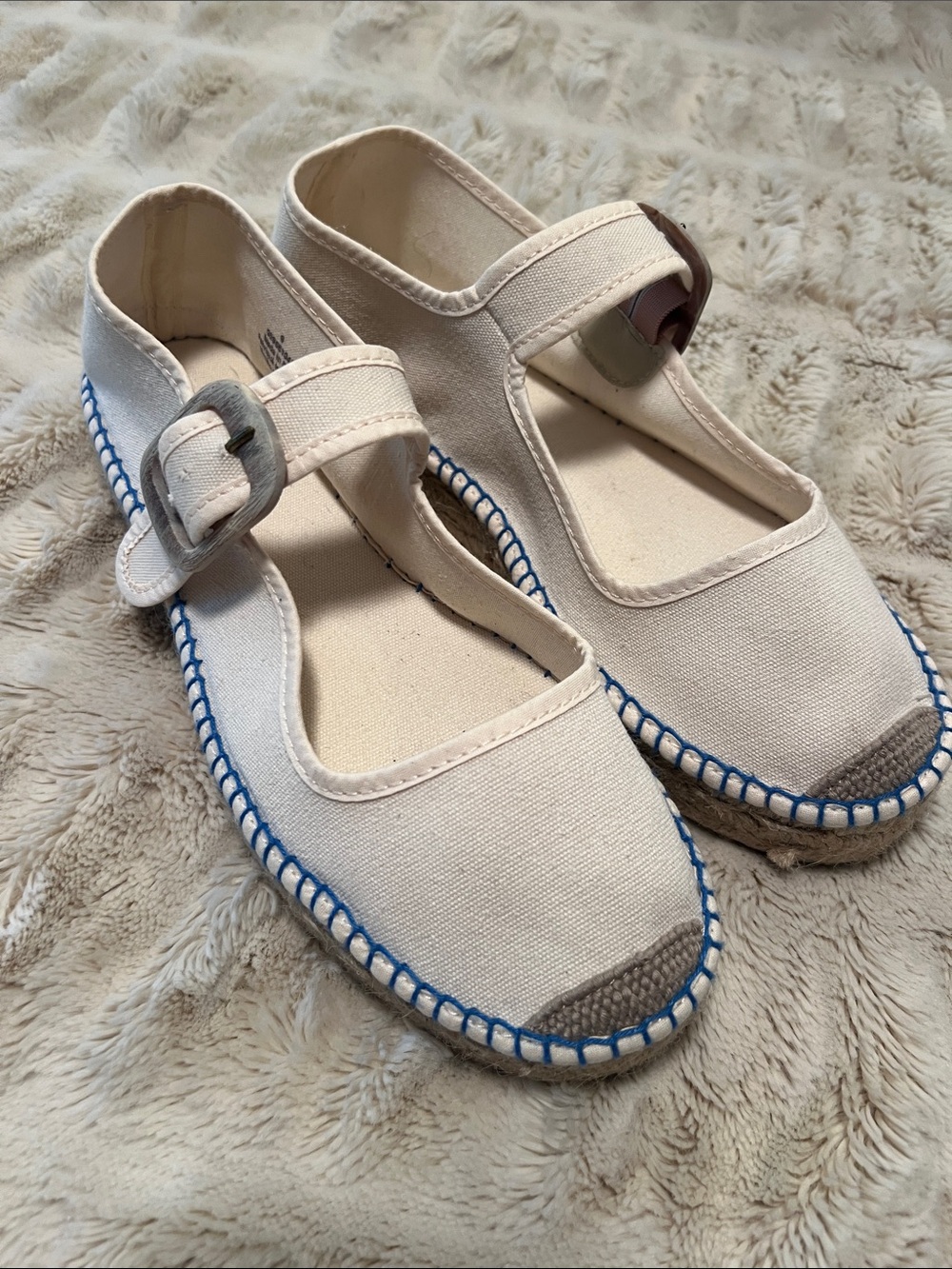 Free People Cream Canvas Mary Jane Espadrilles with Blue Stitching